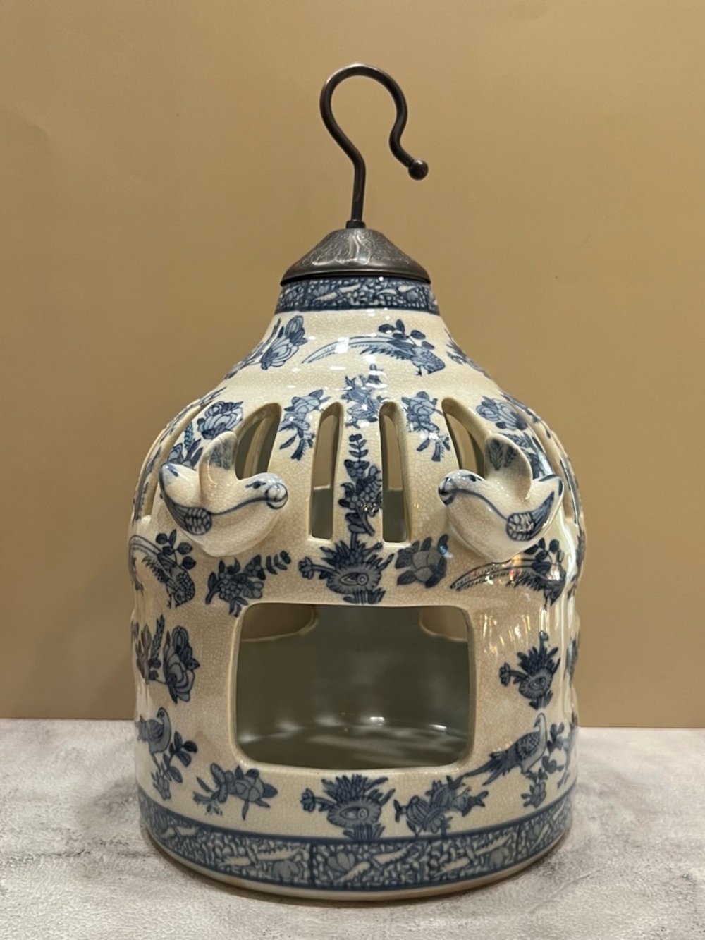 Vintage Chinese Chinoiserie Ceramic Hanging Birdcage Lantern Blue & White
